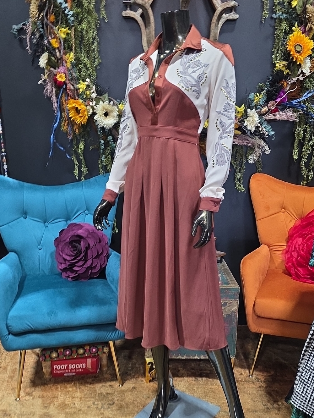 Glamorous Rust & Cream Western Retro Fit-and-Flare Dress w/ Embroidered Design